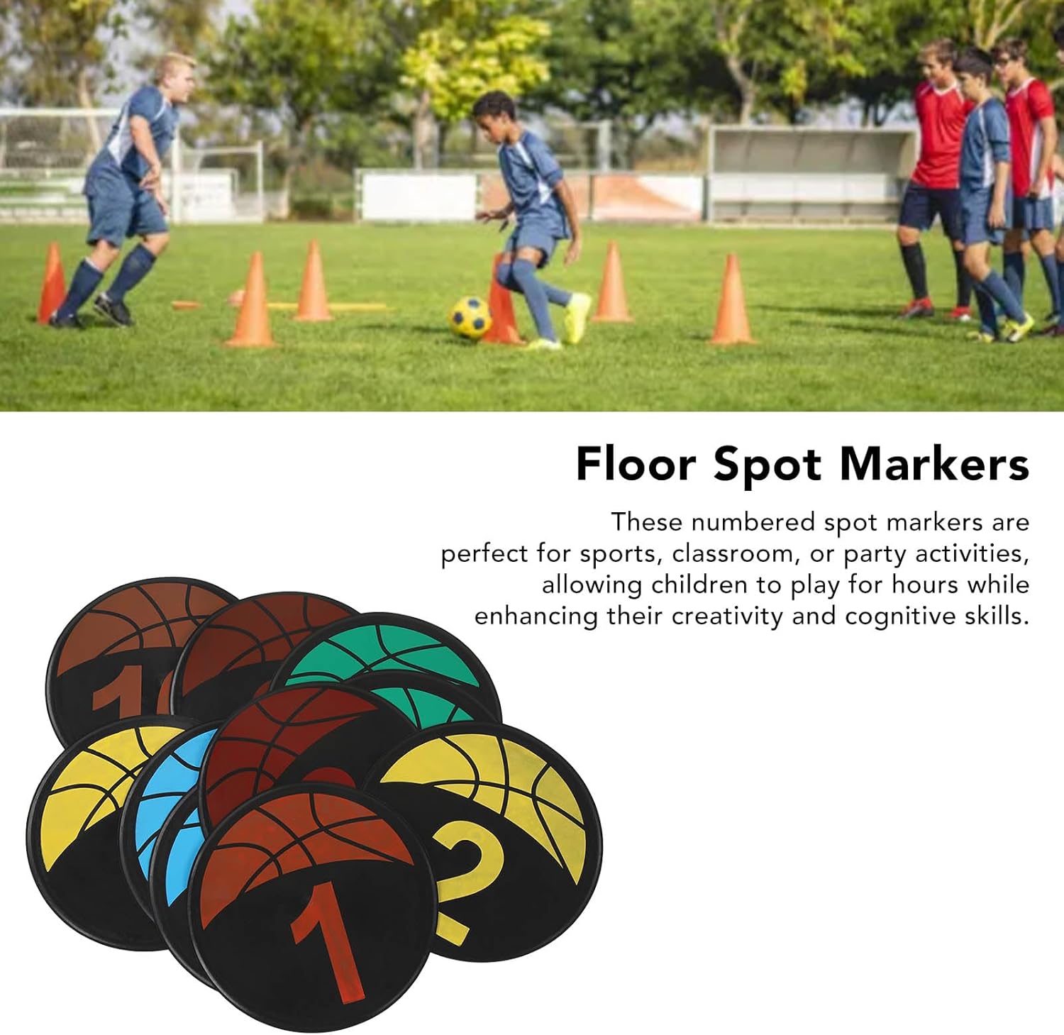 Fockety 10 Pack Basketball Spot Marker, Colorful Anti Slip Numbered Spot Markers, 9.1in Round Flat Sports Training Markers, for Teaching & Training Marker Field