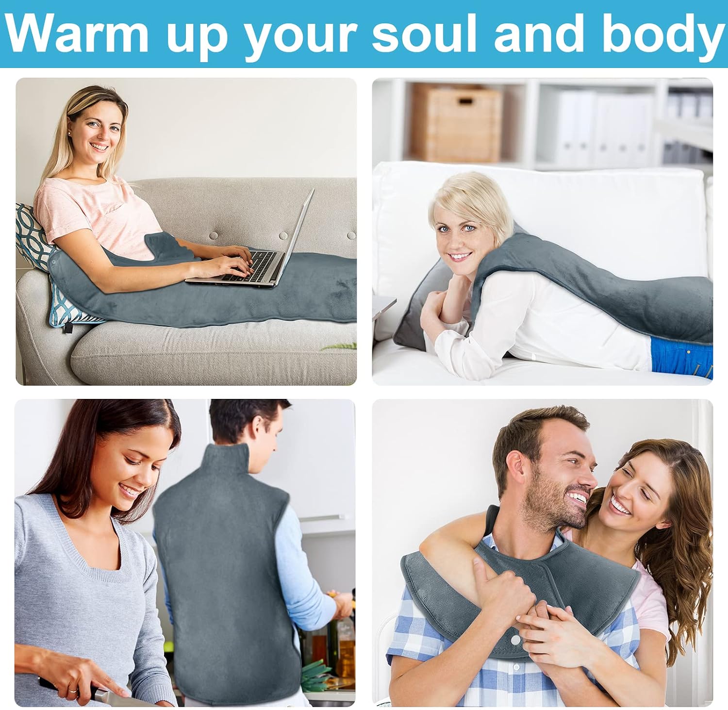 Braoses Large Heating Pad with 6 Level Temperature for Back and Shoulder, 37"x22'' Weighted Electric Heating Pad for Neck Back Relaxation, Fast-Heating Pad with Waist Strap, Time Setting - Gray