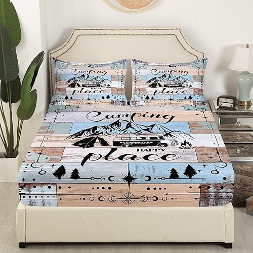 Vista 45 de Camper Decor Sábanas de cama Happy Camping, sábana bajera ajustable de campamento con juego de cama de montaña, juego de cama de verano para Multi 04
