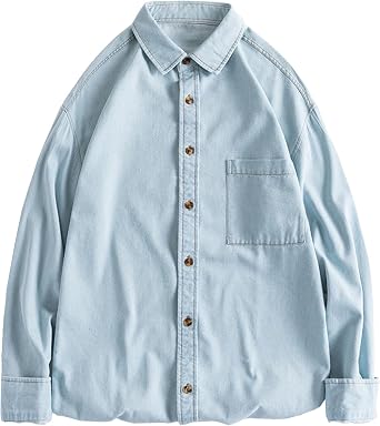 Men Long Sleeve Two Pockets Jean Shirt Slim-Fit Long-Sleeve Denim Shirt MenS Denim Shirts