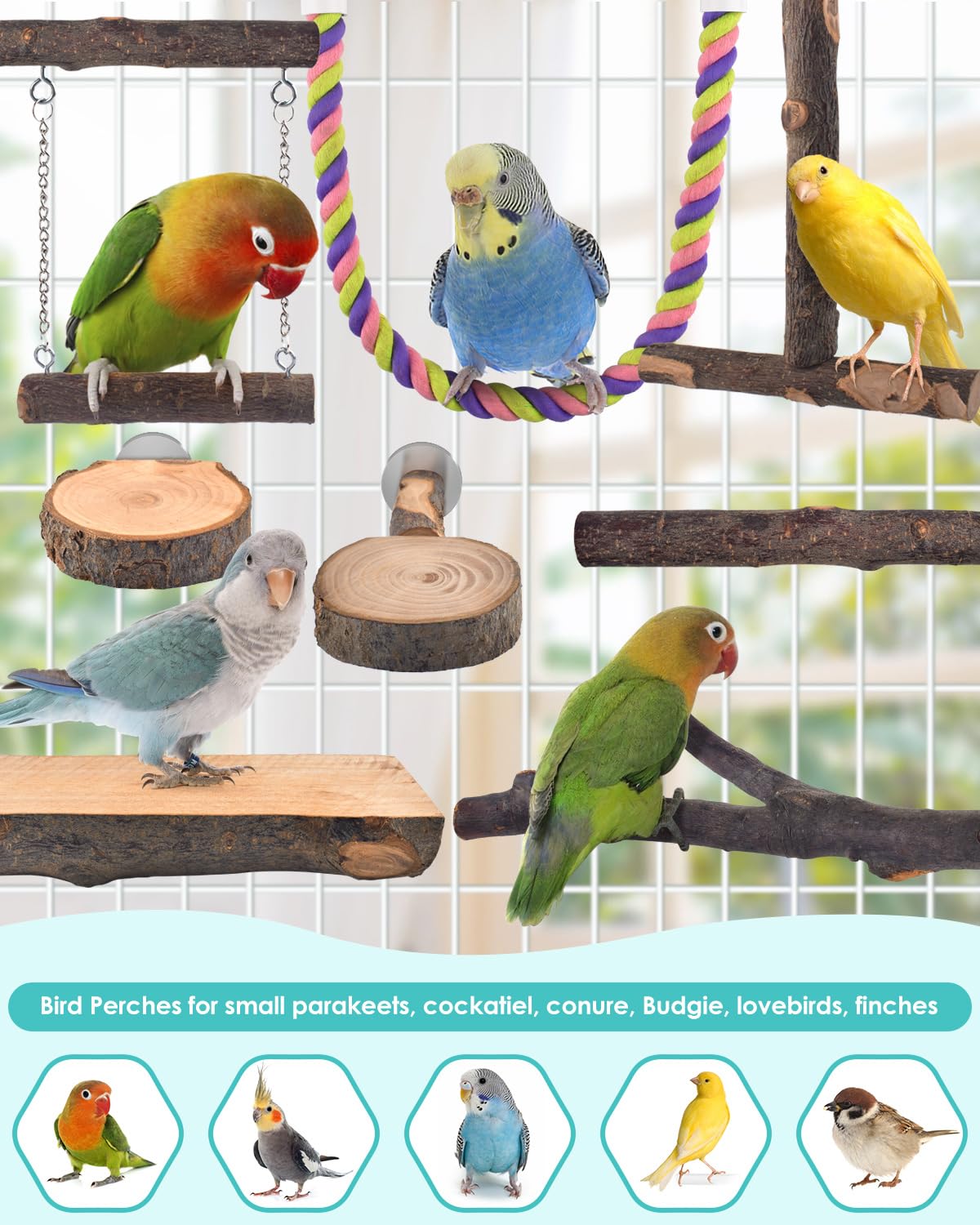 DBNESS Bird Perches, 8pcs Natural Wood Parrot Perch Stand Chewing Toys Cage Accessories Hanging Multi-Branch Perch Platform Swing Toy Rope Perches for Small and Medium Parakeet, Conures, Budgies - image 7