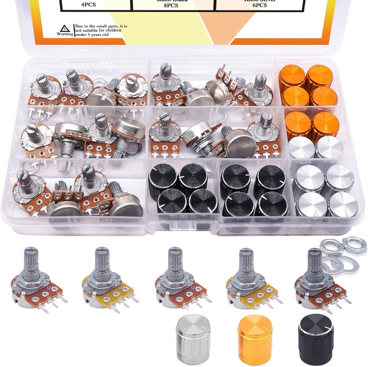 Taiss 60PCS Potentiometer Kit B5K 10K 20K 50K 100K Ohm Linear Taper Rotary Audio B Type Potentiometer with Nuts, Washers and 3 Different Colors of Aluminum Alloy knobs F029