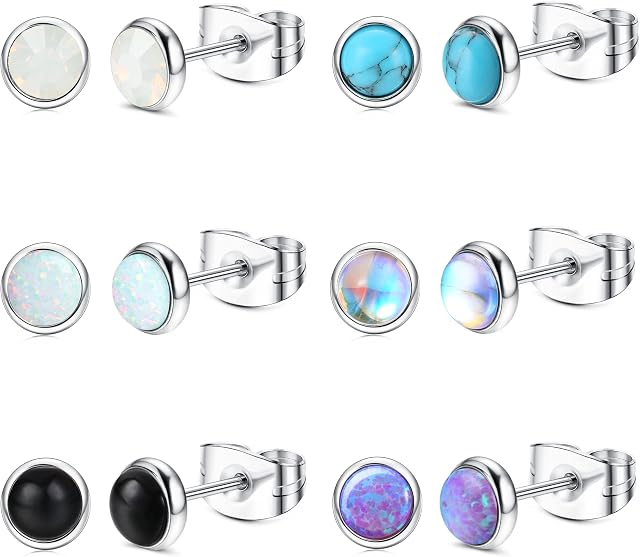 LOLIAS 6Pairs 4MM Silver Stud Earrings Set for Women Men Stainless Steel Earrings Round Moonstone Opal Turquoise Black Onyx Earrings Small Stud Earrings for Girls