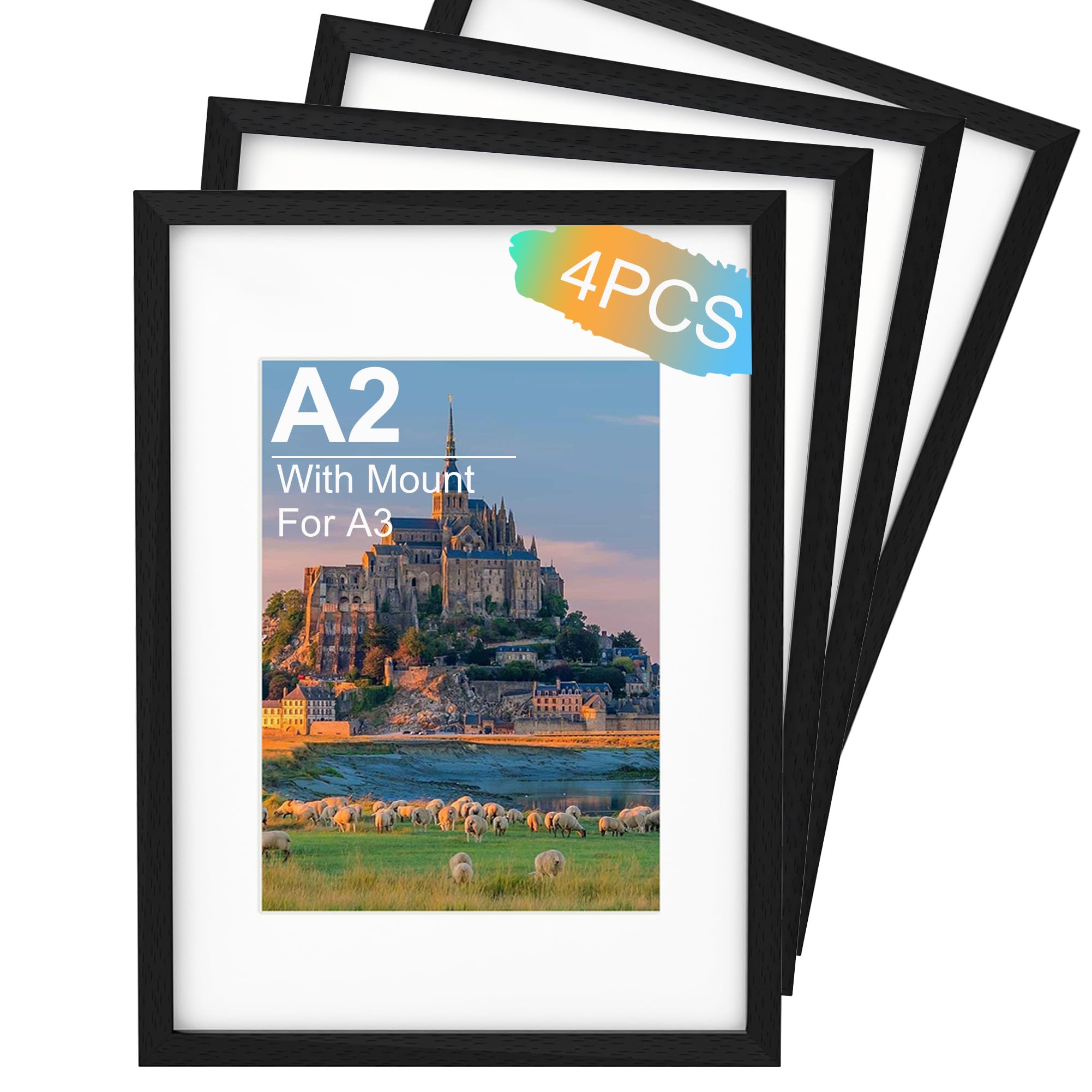 A2 Picture Frame 4 Pack, Black Wooden A2 Photo Frame 42x59.4 cm with A3 Mount, Poster Frame for Certificates and Artwork, Wall Mount Horizontal or Vertical
