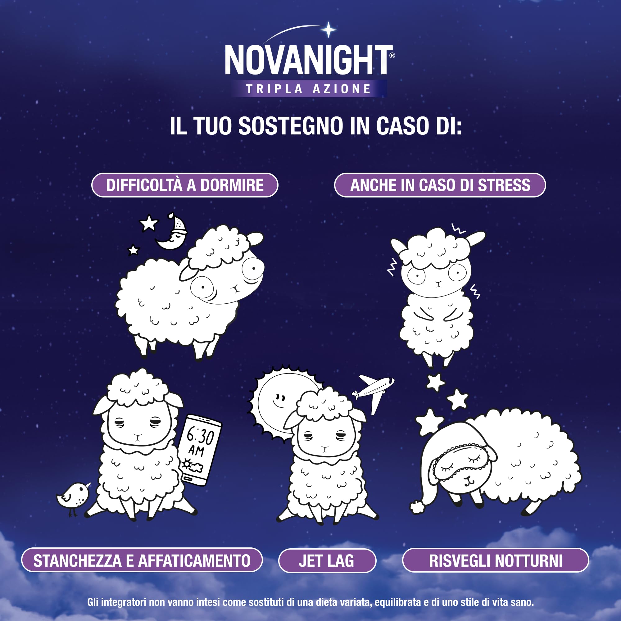 Novanight Tripla Azione Melatonina per Dormire, Integratori per Dormire, Disturbi del Sonno - Senza Glutine, con Melatonina, Escolzia, Passiflora, Melissa. Non Induce Dipendenza (70 Compresse)