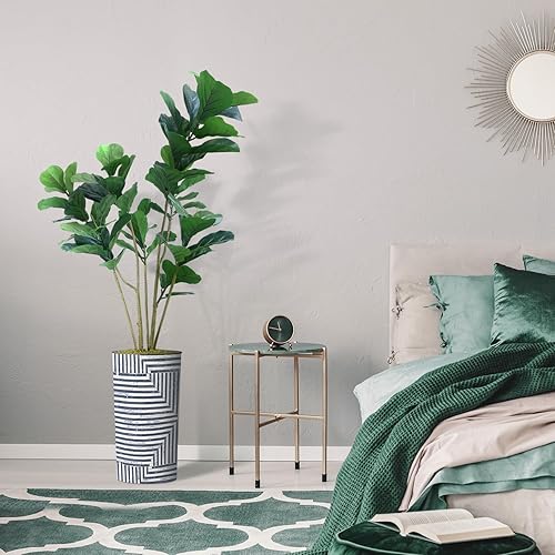 Miniatura 5 de Árbol artificial en macetero moderno con patrón geométrico, árbol de seda falso Ficus Lyrata para decoración del hogar en interiores y exteriores,