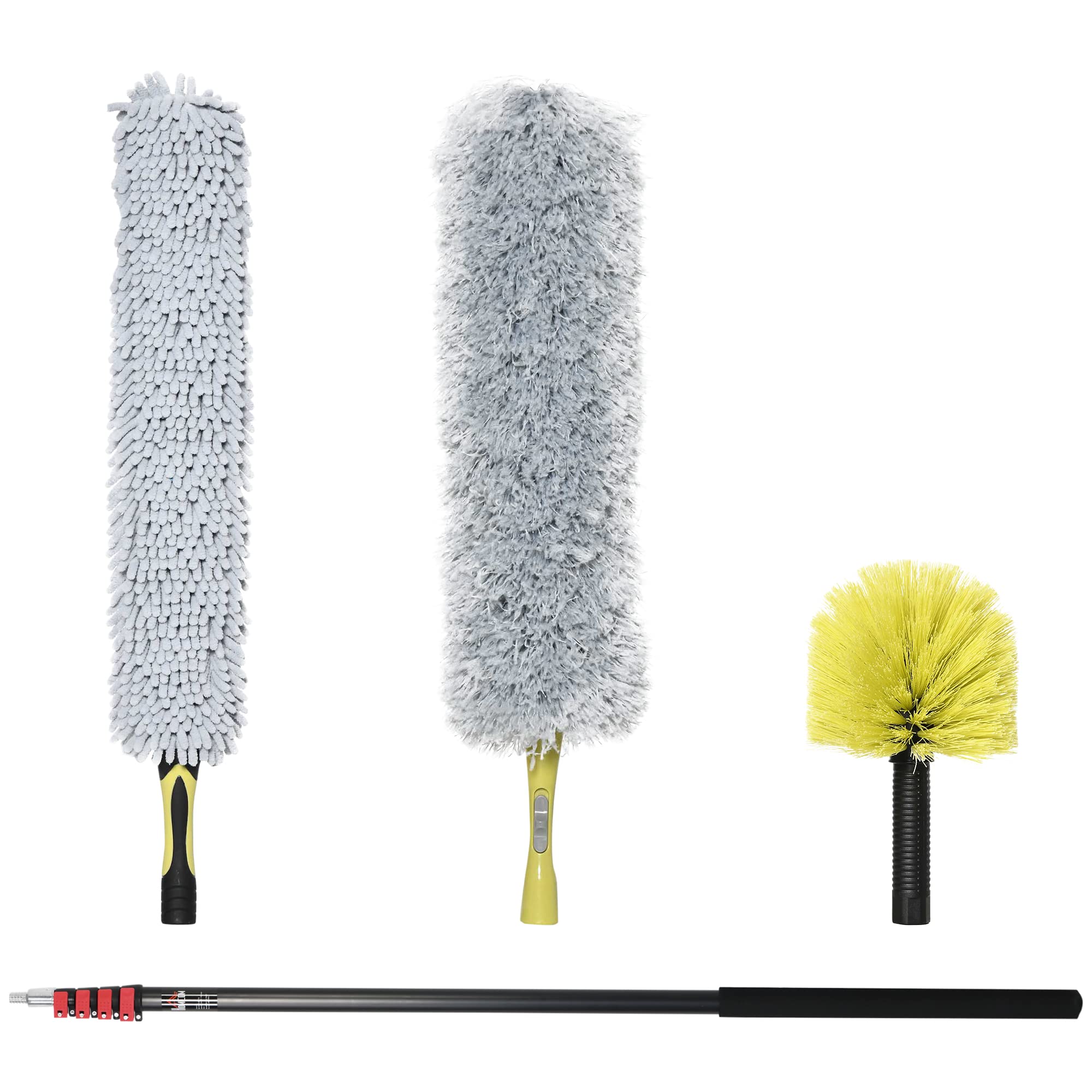 HOMCOM 4 Pieces Extendable Feather Duster with Aluminium Telescopic Pole 69"- 284", Microfiber Duster Cleaning Kit with Bendable Head for Cleaning High Ceiling Fans, Blinds, Cobweb