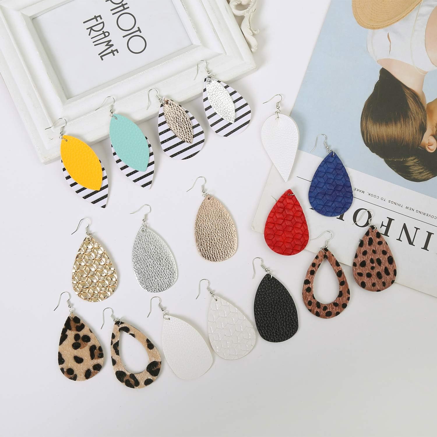 16 Pairs Leather Earrings for Women Teardrop Leaf Leopard Print Drop Earrings Lightweight Dangle Earrings Set - Image 6