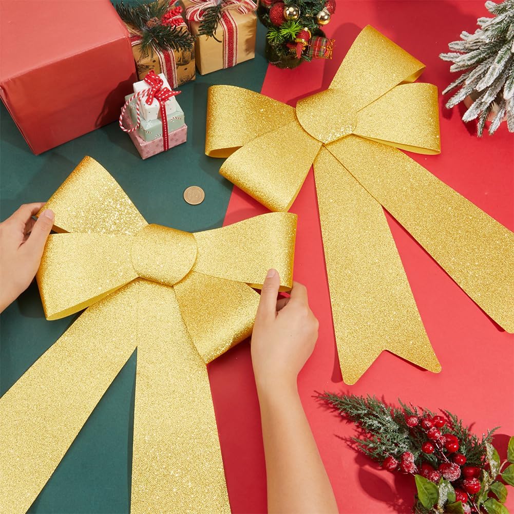 2Pcs Gold Glitter Christmas Bows Wreath Bows Outdoor 18.9 x 13.2 Inch Bowknot Ties Large Big PVC Shine Wrap Ornaments Accessories for Indoor Outdoor Xmas Christmas Wreath Party Gift DIY Decor