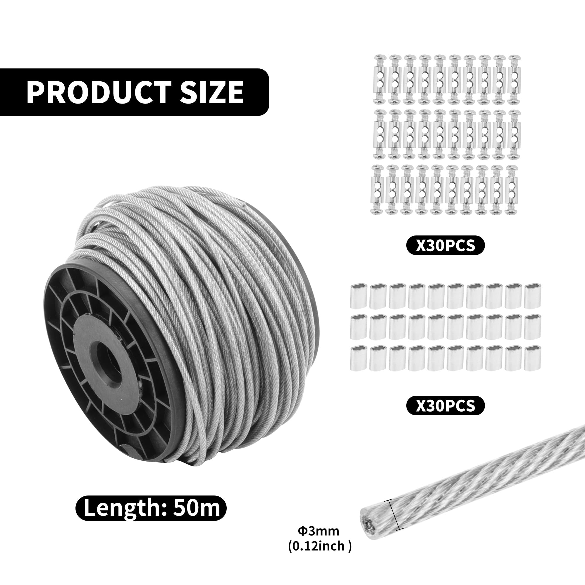 50m Cable Acier 3mm, Cable Inoxydable pour Plante Grimpante Exterieur, Cable Métallique avec Accessoires