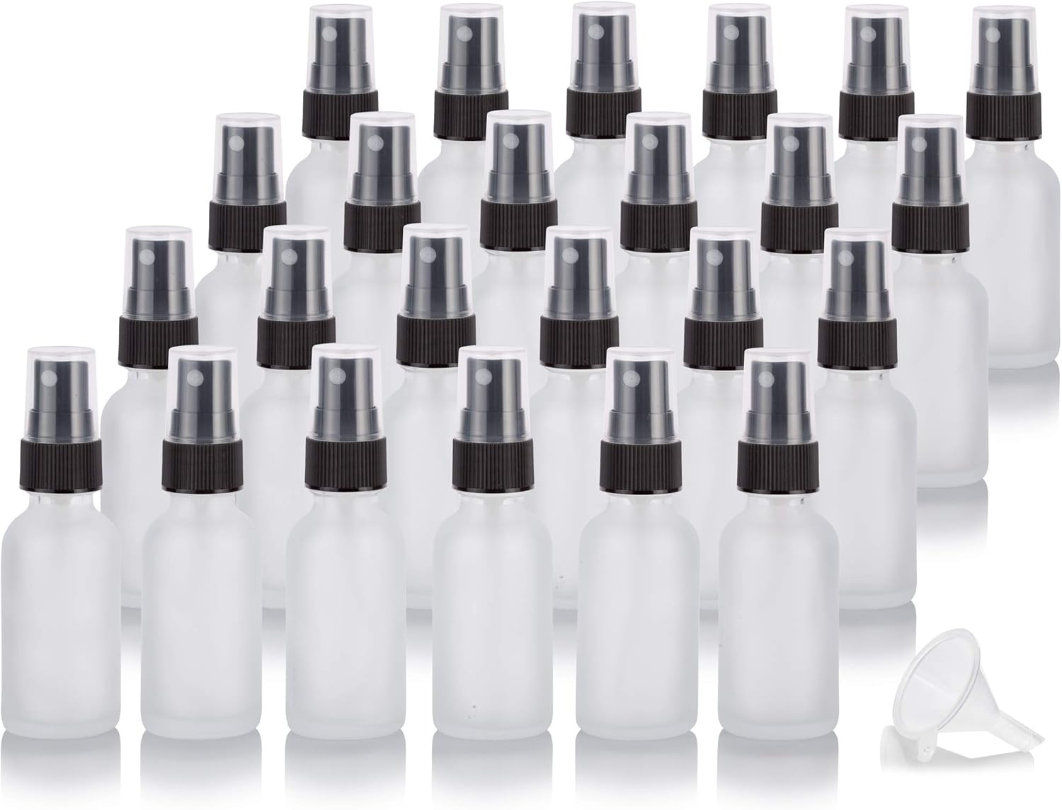 JUVITUS 1 oz Clear Frosted Glass Boston Round Bottle with Black Fine Mist Spray (24 pack) + Funnel