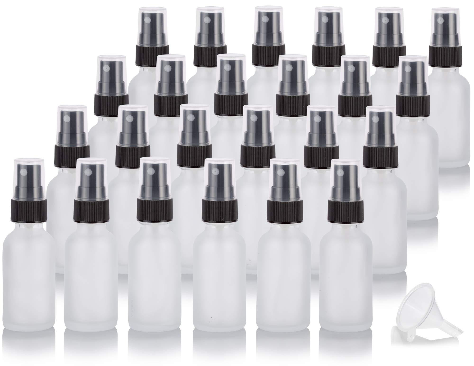 1 oz Boston de cristal transparente esmerilado redonda fina niebla botella de Spray (24 unidades) + embudo y etiquetas para aceites esenciales, aromaterapia, de calidad alimentaria, sin BPA