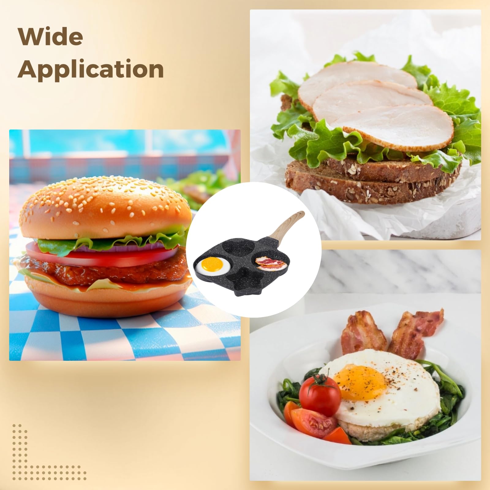 4-Fach Eierpfanne, antihaftbeschichtete Frühstückspfanne für Steak und Mini-Teigtaschen, Pfannkuchenpfanne mit Formen, Silikonpinsel und Spatel, Hitzeschutzgriff, für Induktion und Gasherde