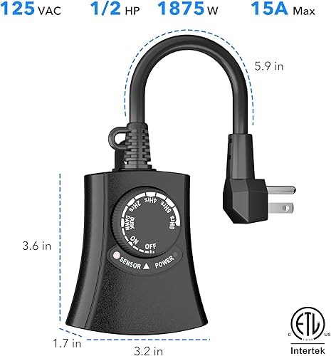 Vista 22 de HBN Temporizador de luz exterior impermeable, resistente a la intemperie, sensor de luz de atardecer a amanecer, temporizador de cuenta regresiva