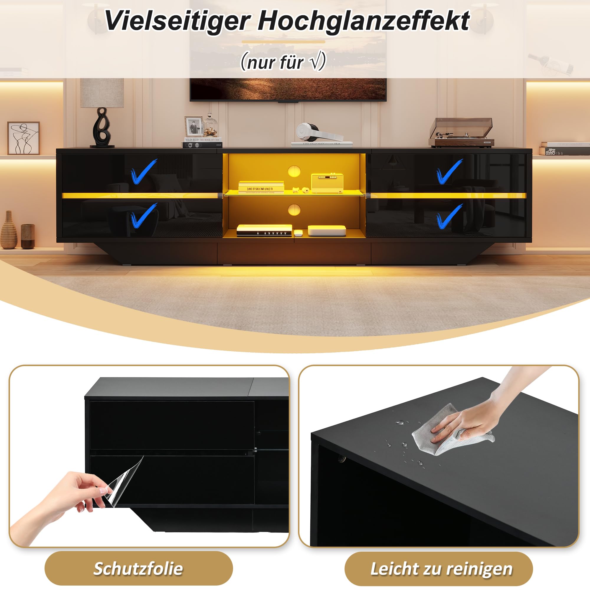 160 x 35 x 44,5 cm, armario bajo con 2 puertas de armario, armario de TV brillante con luces LED, tablero de TV, mesa de TV, mesa de televisión, adecuado para televisores de 65 pulgadas, color
