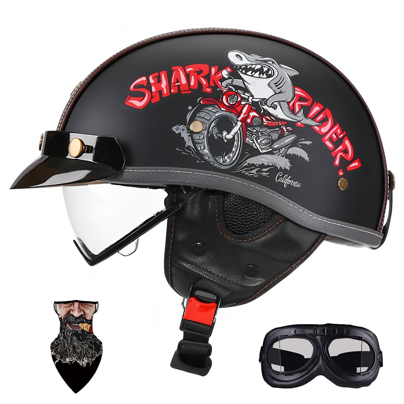 HALYING German Helmet ABS Half Open Face Motorcycle Helmet Adult Men Women Motorbike Helmets Drop Visor Quick Buckle EPS DOT Approved Half Shell Men Women Motor Bike Helmet Men (55-62cm)