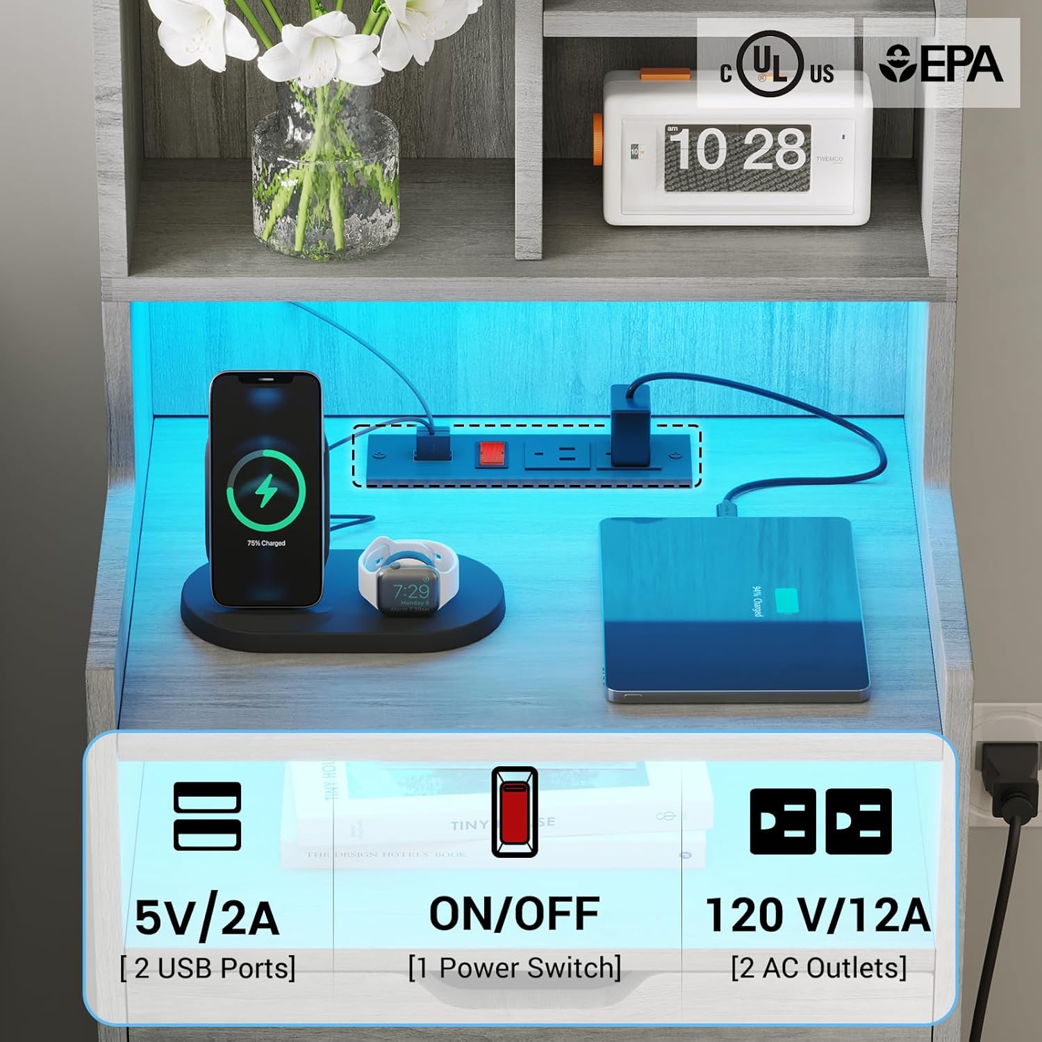 ADORNEVE Tall Night Stand with Charging Station and LED Lights,Nightstand with Bookshelf,Bedside Table with Drawers & Power Outlets,End Side Table for Bedrooms (Grey)