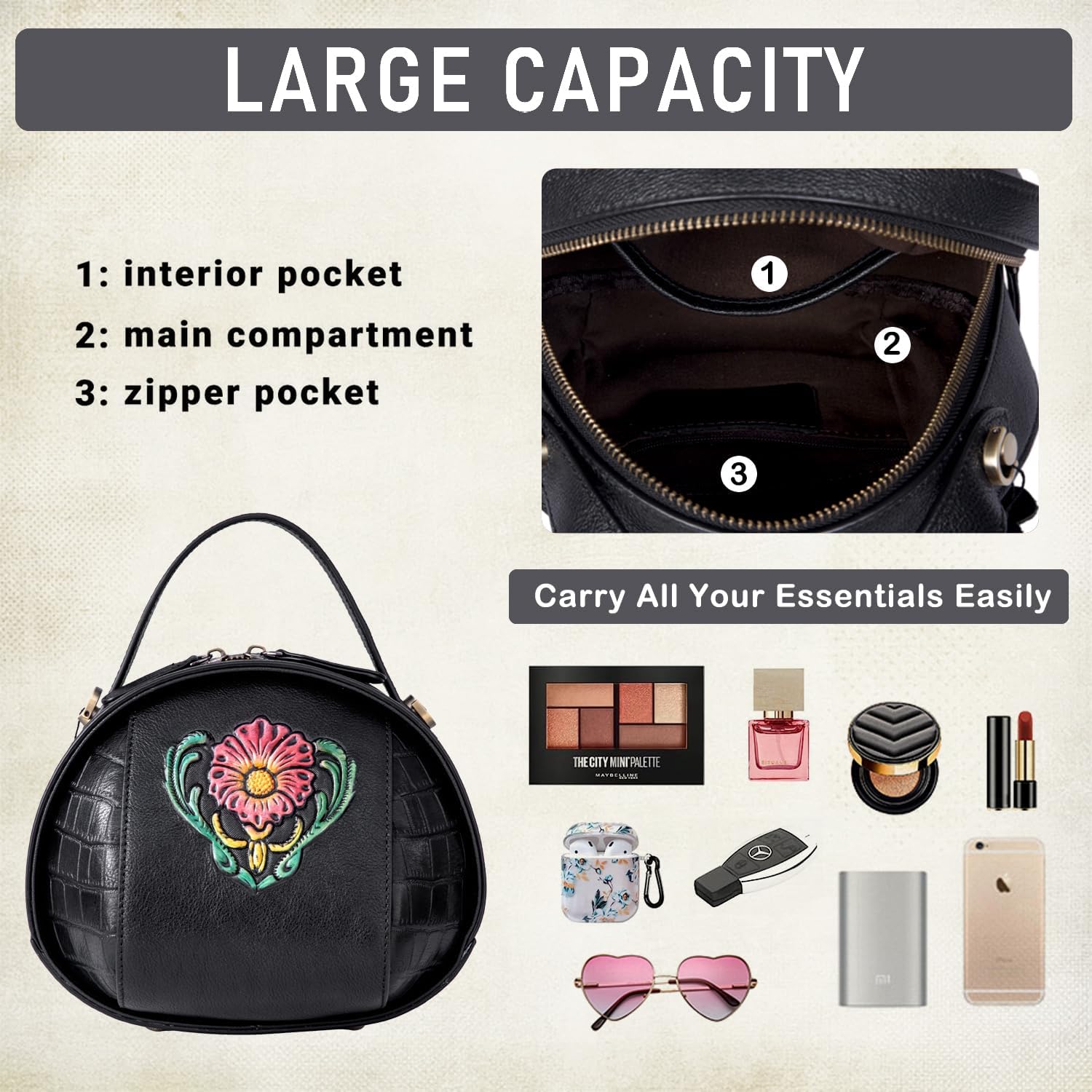 Vintage Genuine Leather Crossbody Bag for Women – Small Structured Top Handle Purse with Hand-Embossed Flower - Image 6