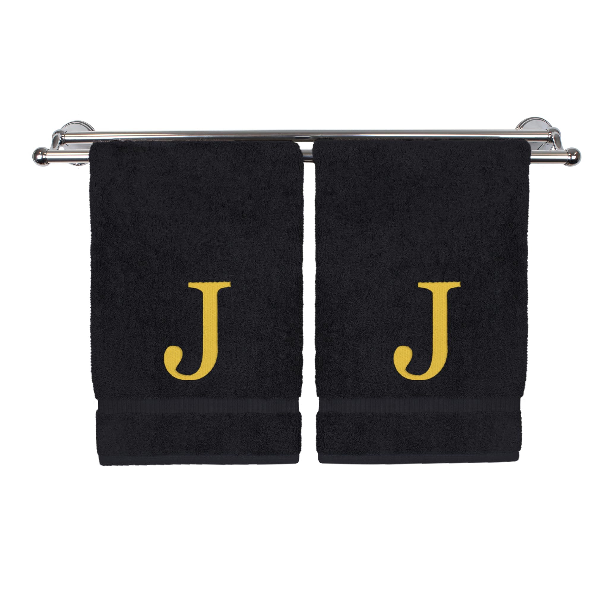Toalla de mano con monograma, regalo personalizado, juego de 2 toallas bordadas con letras de bloque dorado, extra absorbente, 100% algodón turco, acabado de rizo suave, inicial J negra