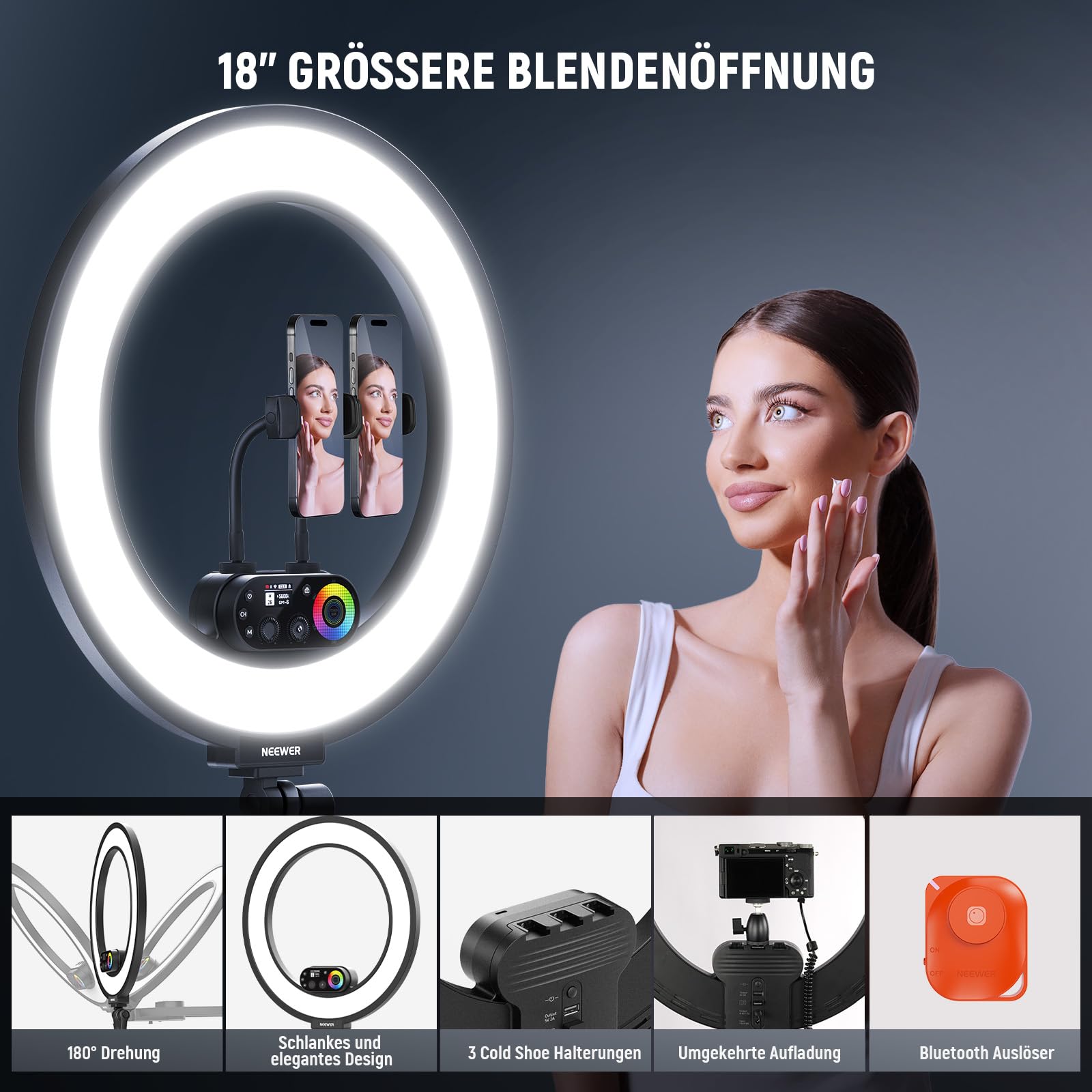 NEEWER RL45C 18" 45W RGB LED Ringlicht Edge Lit Licht mit Handy Stativ Fernbedienung CRI95+ 3100lux/0,5m 2500K-10000K 360° Vollfarben App/2,4G Steuerung Kompatibel mit iPhone Selfie Make up Videos