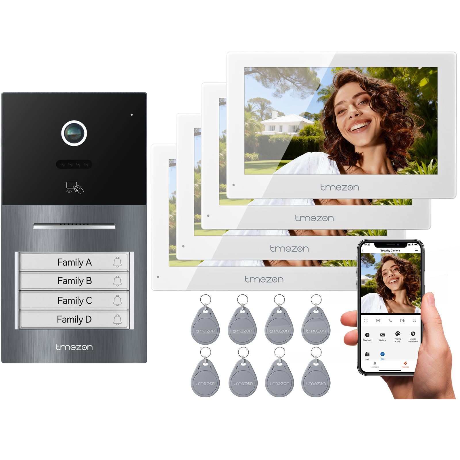TMEZON Videoportero WiFi 2 Hilos,Sistema de Intercomunicación con 7'' Monitor Táctil a Color,Timbre Metálico de 1080P con Cámara,detección de Movimiento Humano,Desbloqueo en Remoto,para 4 familias