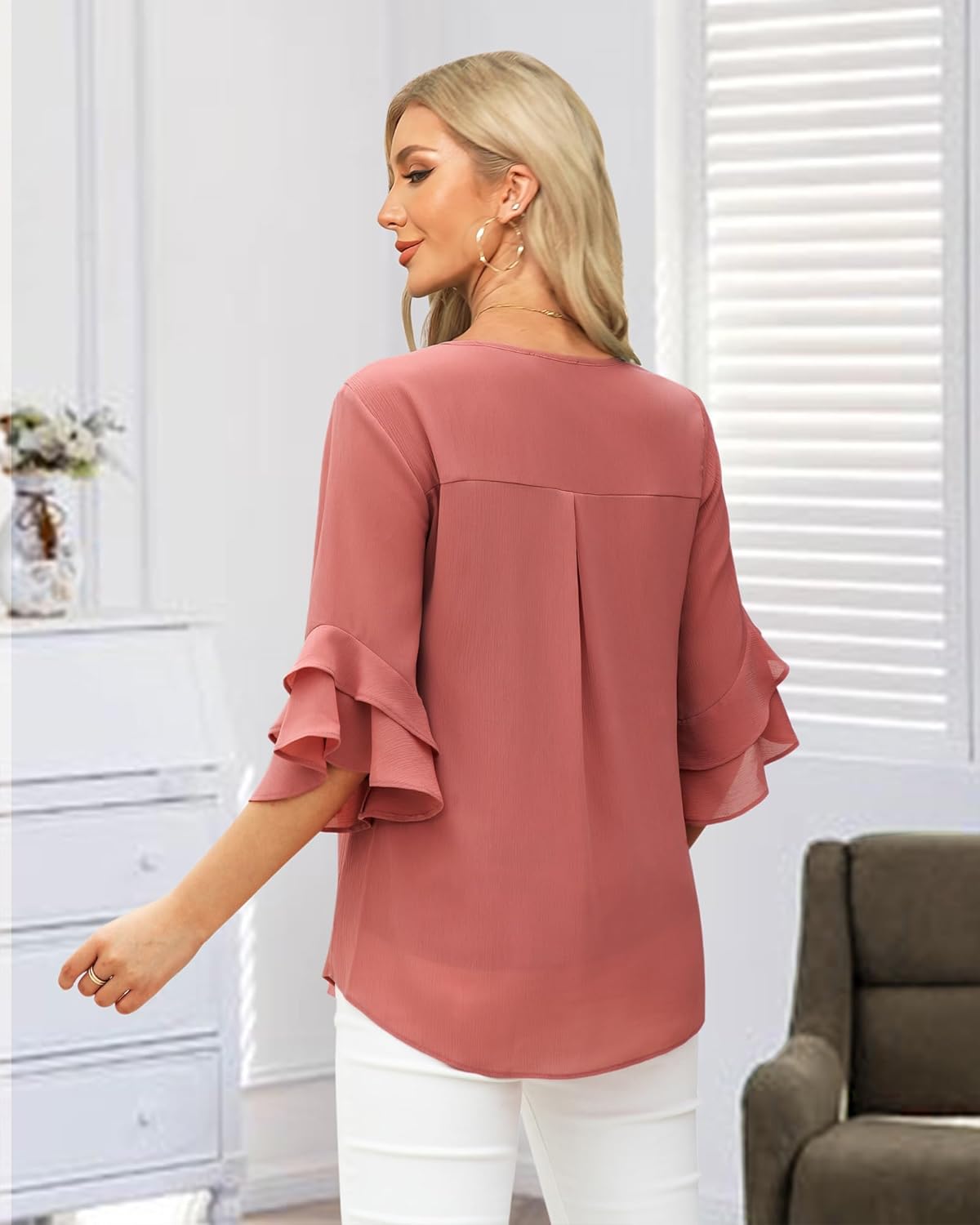 VALOLIA Womens Blouses 3/4 Sleeve Dressy Tops Business Casual Double Layers Shirts - Image 3