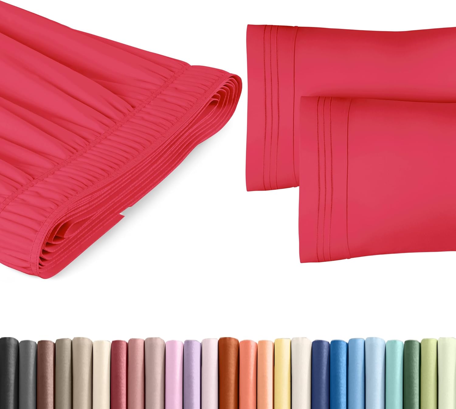 Wrap Around Dust Ruffle Bed Skirt + 2 Pillowcases Bundle - Red - for Full Size Beds with 12 Inch Drop - Elastic Strap - Adjustable Pleated Bedskirt Fabric - Wrinkle Free - For Women, Men, Kids & Teens