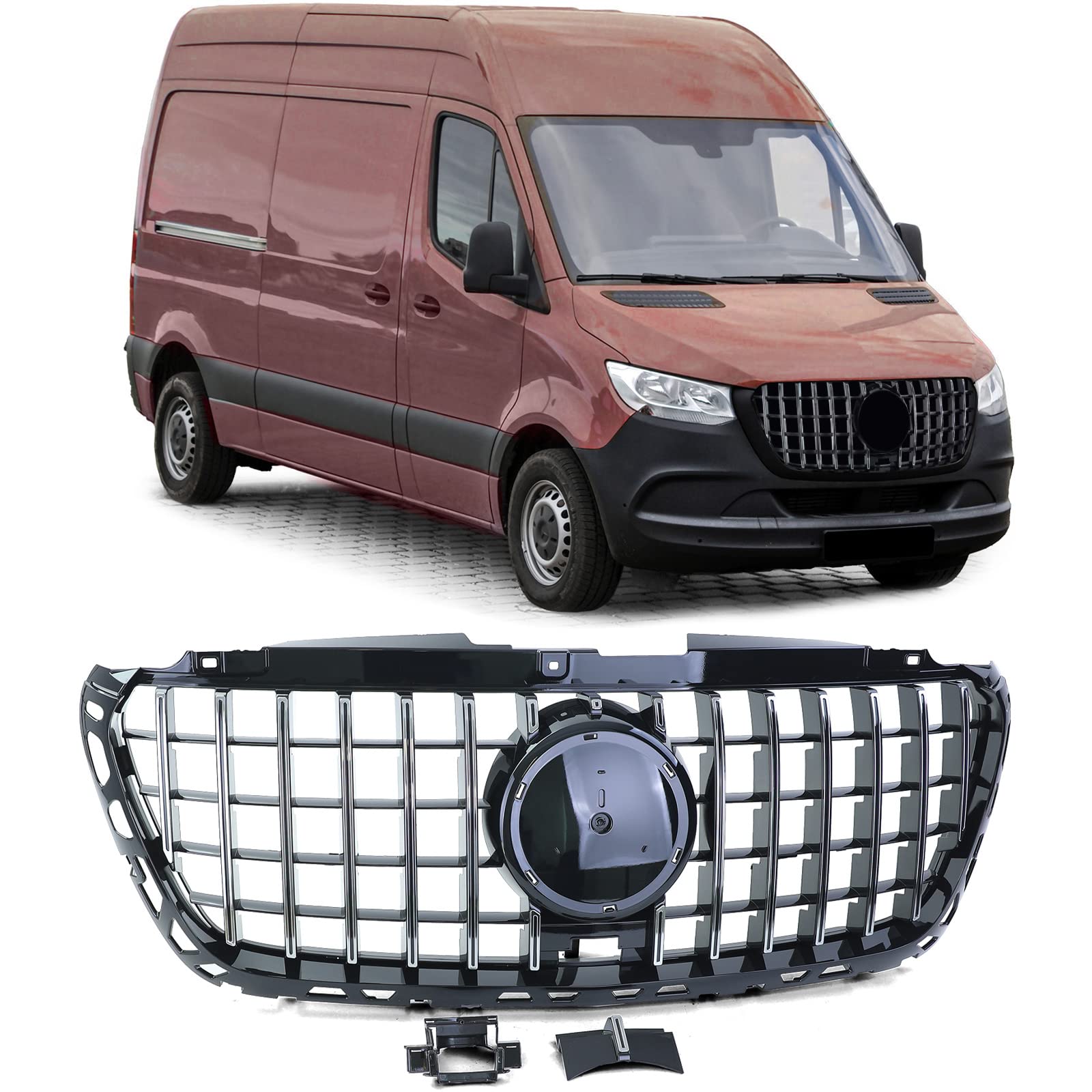 Sport Kühlergrill Schwarz Glanz Chrom für Mercedes Sprinter W907 910 ab 18