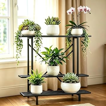 Zhongma 3 Tier Plant Stand Space-Saving Heavy Duty Plant Holder for Balcony, Home, Garden ,Metal Sturdy Plant Stand for Indoor and Outdoor