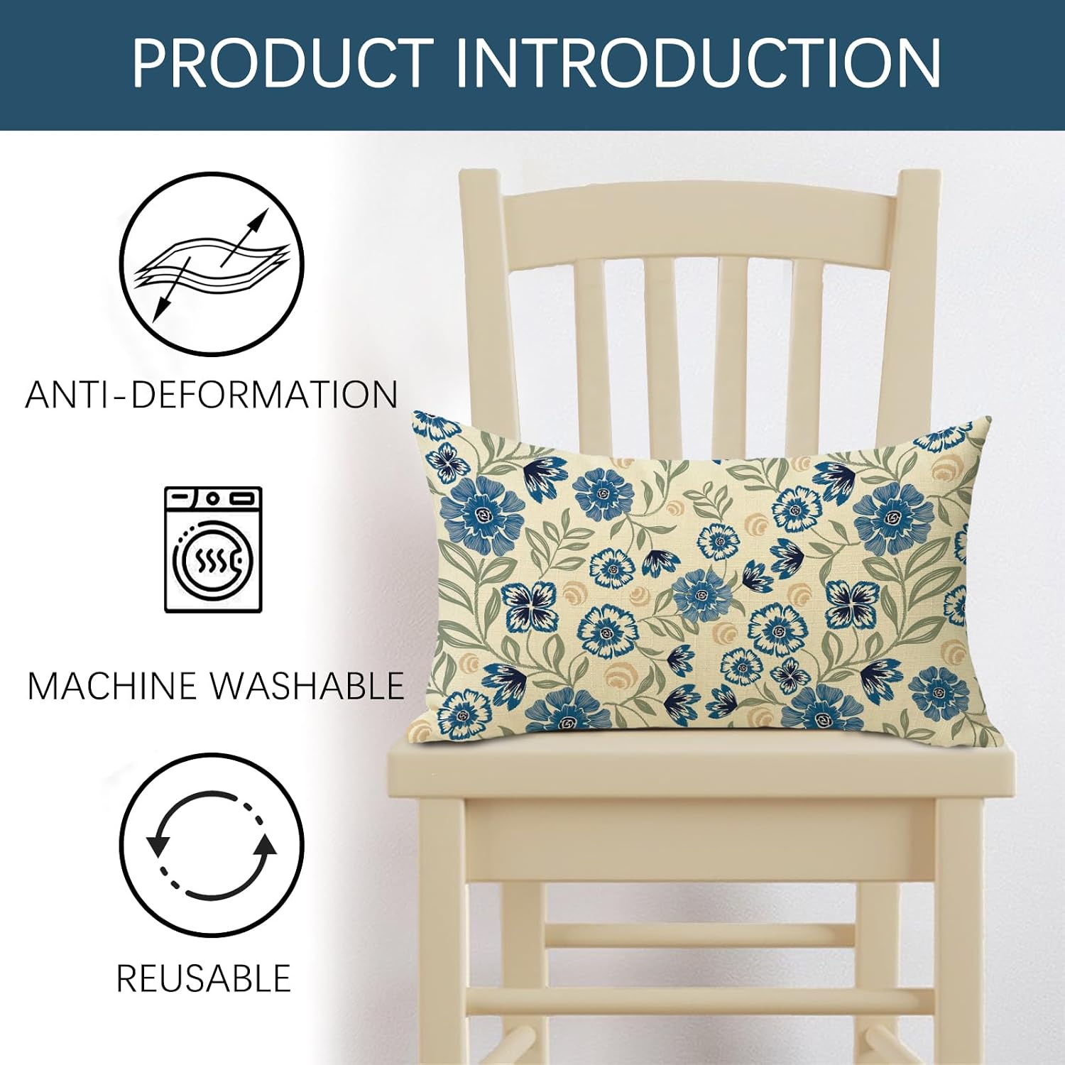 Vintage Blue Flower Lumbar Decorative Throw Pillow Cover 12 x 20 image 2