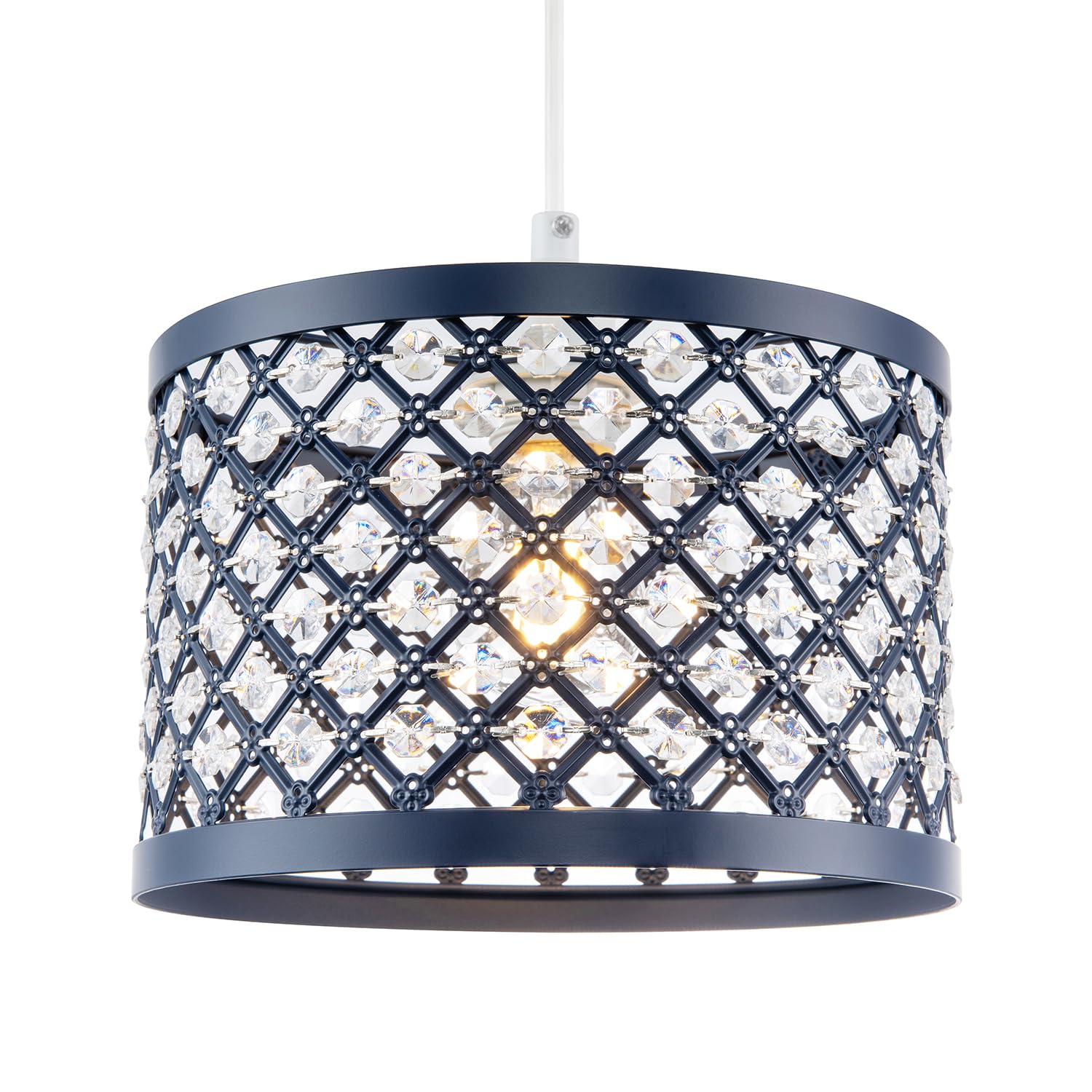 Modern Ornate Navy Midnight Blue Metal Pendant Light Shade with Clear Hexagonal Acrylic Beads | 25cm Diameter | Shabby Chic Style by Happy Homewares