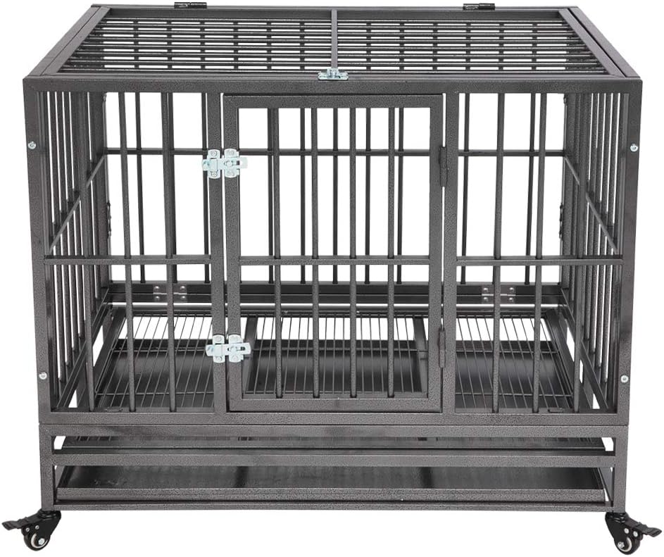 36 Inch Dog Crate, Folding Metal Pet Crate with Wheels, Double-Door Pets Homes with Double Latch, Kennel with Divider Panel, Square Tube…