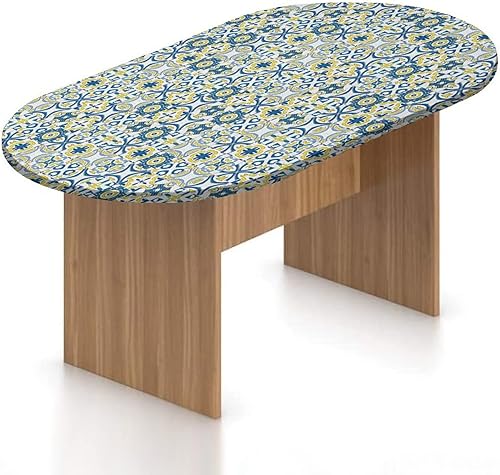 Mantel ovalado ajustable para patio, mantel marroquí de poliéster elástico, mantel tradicional marroquí con estampado arábigo portugués, se adapta a