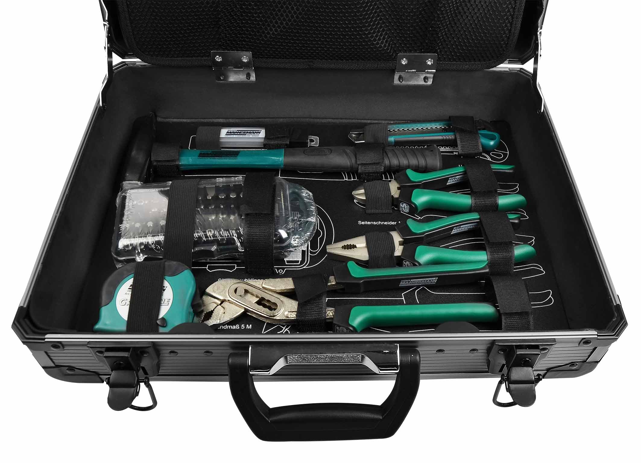 Brüder Mannesmann Alu-Werkzeugkoffer, 133-teilig - Werkzeugset mit Werkzeug aus Chrom-Vanadium-Stahl - inkl. Schraubendreher, Zangen, Gabelschlüsselsatz, Spannungsprüfer, Stecknüsse & Bits | M29079