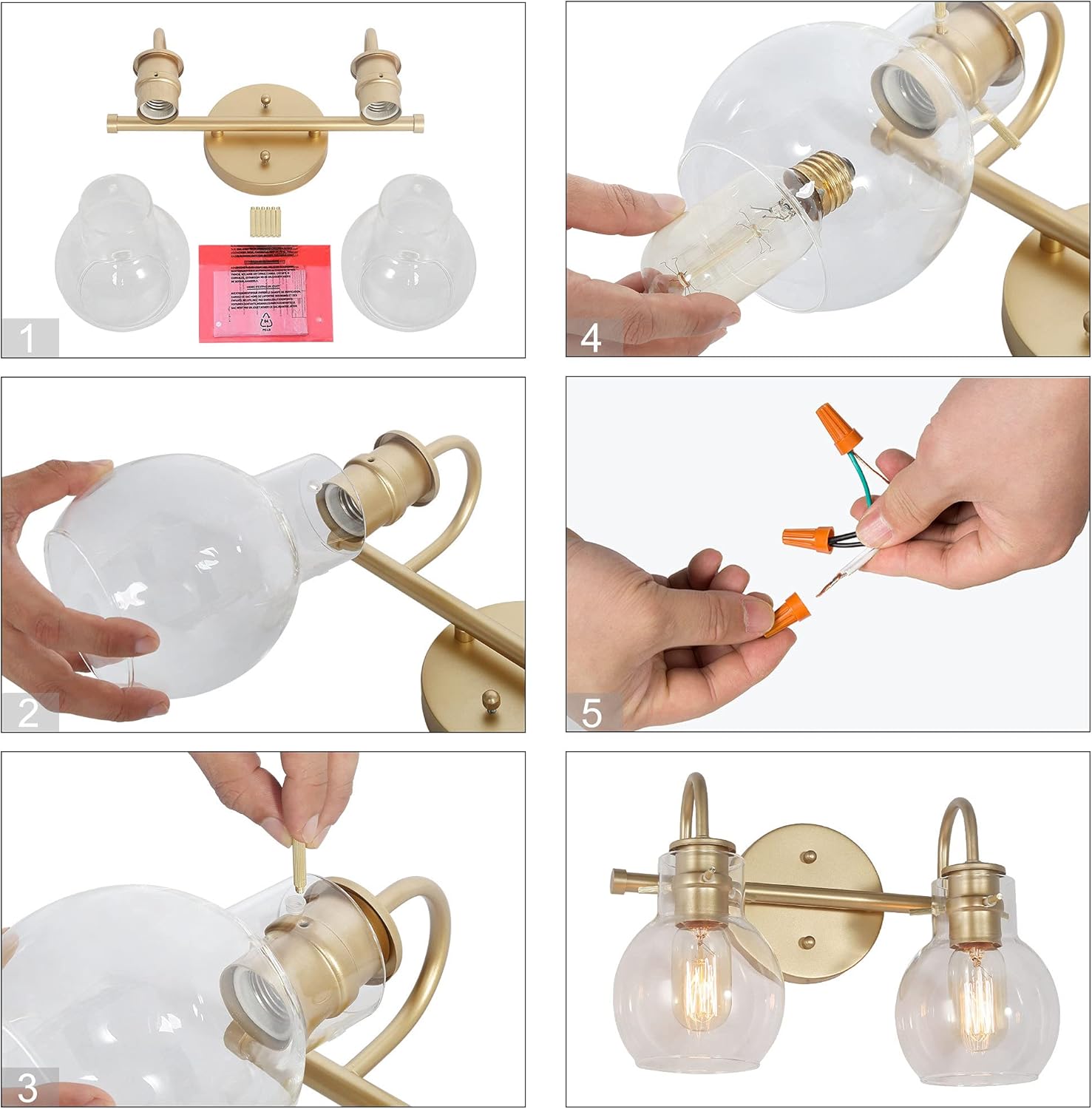 KSANA 2-Light Vanity Light with Globe Clear Glass Shade, Gold Vanity Lights for Bathroom, Powder Room, 13" L x 7" W x 9" H