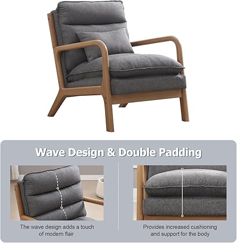 Miniatura 74 de INZOY - Sillón decorativo de mediados de siglo con estructura de madera, tapizados, para sala de estar, con cojín para la cintura, sillón de lectura