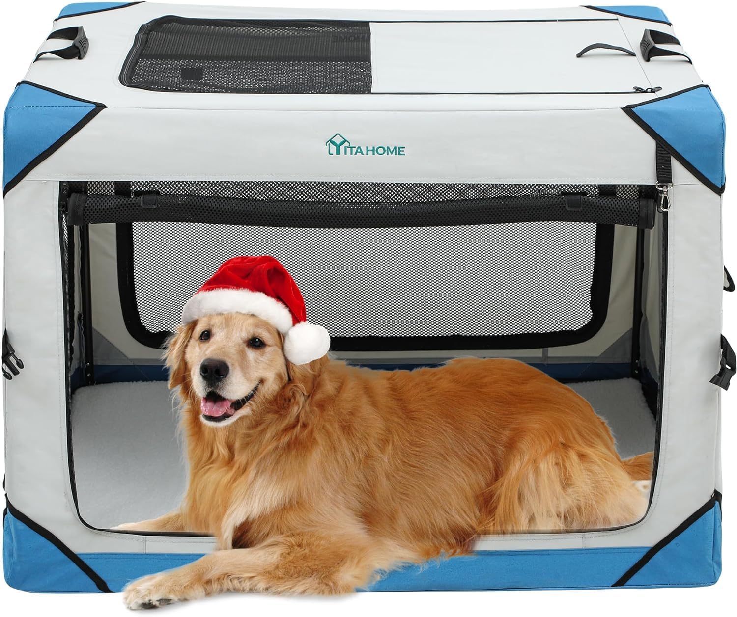 YITAHOME Collapsible Dog Crate, 4-Door Portable Travel Dog Crate, 4-Door Folding Soft Dog Kennel with Breathable Mesh Windows & Soft Mat，Indoor & Outdoor Use, 42″ L x 31″ W x 31″ H, Flat Style