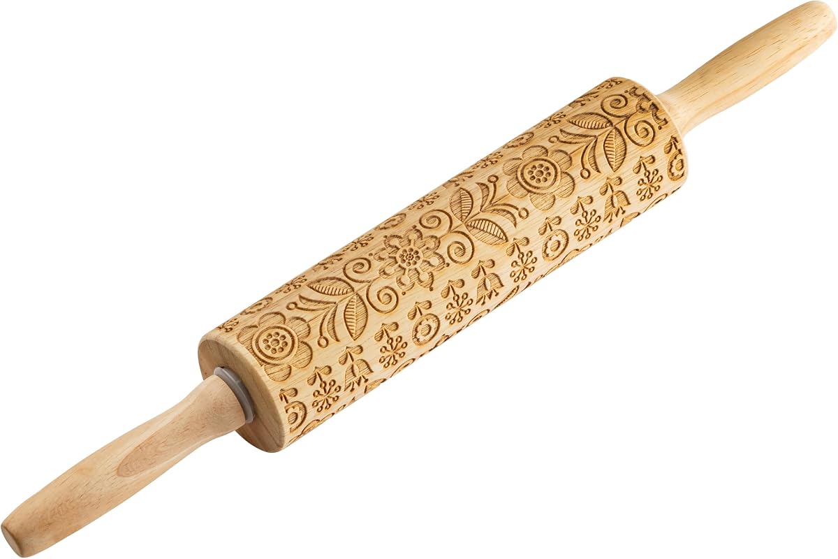 TableCraft Embossed Beech Wood Rolling Pin – 15.25 Inches, Spring Floral Imprint for Baking, Durable Wood Rolling Pin for Cookies, Pastries & Fondant, Elegant Carved Design, Handwash Recommended