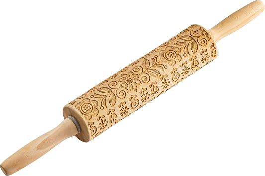 TableCraft Embossed Beech Wood Rolling Pin 15.25 Inches, Spring Floral Imprint for Baking, Durable Wood Rolling Pin for Cookies, Pastries & Fondant, Elegant Carved Design, Handwash Recommended