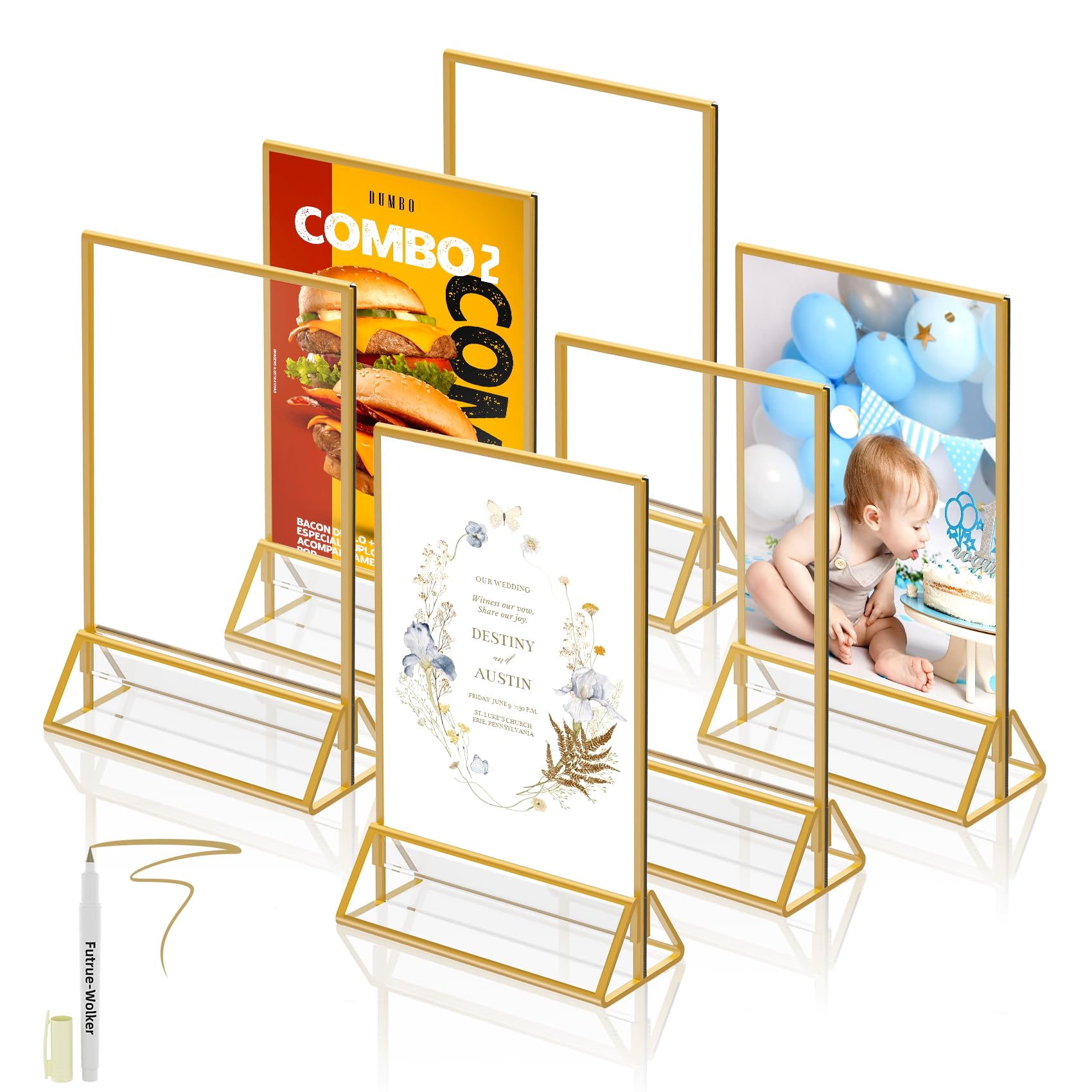 futrue-wolker Tischaufsteller A6 Gold, 6 Stücke a6 Acryl Tishkartenhalter Tischnummern-Aufsteller Golde für Hochzeit Tischdeko,Schicker Flyerständer Kartenständer Bilderrahmen für Kinderzeichnungen