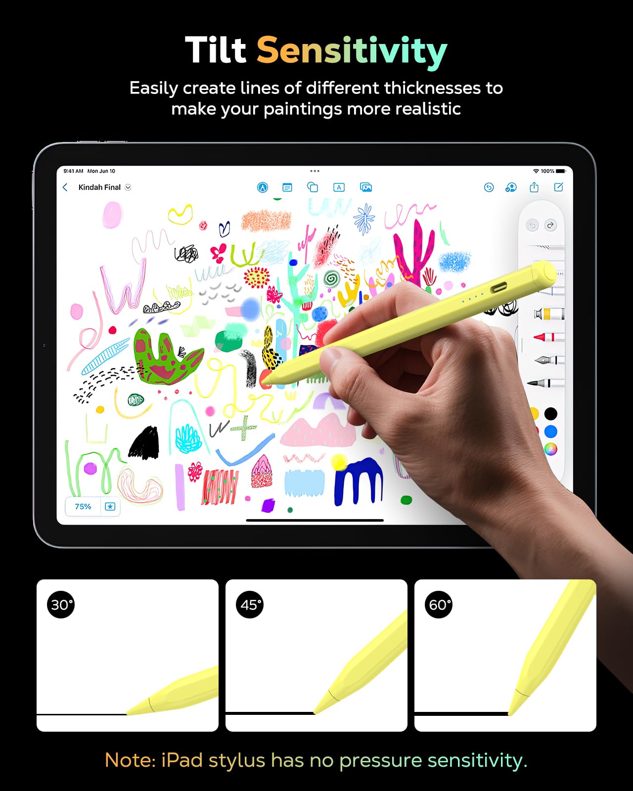 MoKo Pencil pour iPad (A16) 11e 10e 9e Gen, Stylet pour 2018-2026 Apple iPad 11-6, Mini 7-5, Air M3/M2 11"/13"/5/4/3, Pro M4 13"/12,9"/11" Sensibilité à L'Inclinaison,Chargement Rapide USB-C, Jaune