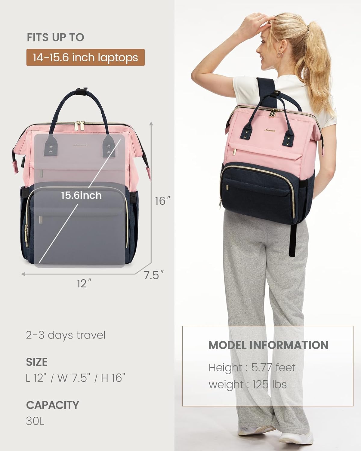 LOVEVOOK Laptop Backpack for Women Fashion Business Computer Backpacks Travel Bags Purse Doctor Nurse Work Backpack with USB Port, Fits 15.6-Inch Laptop Pink Navy