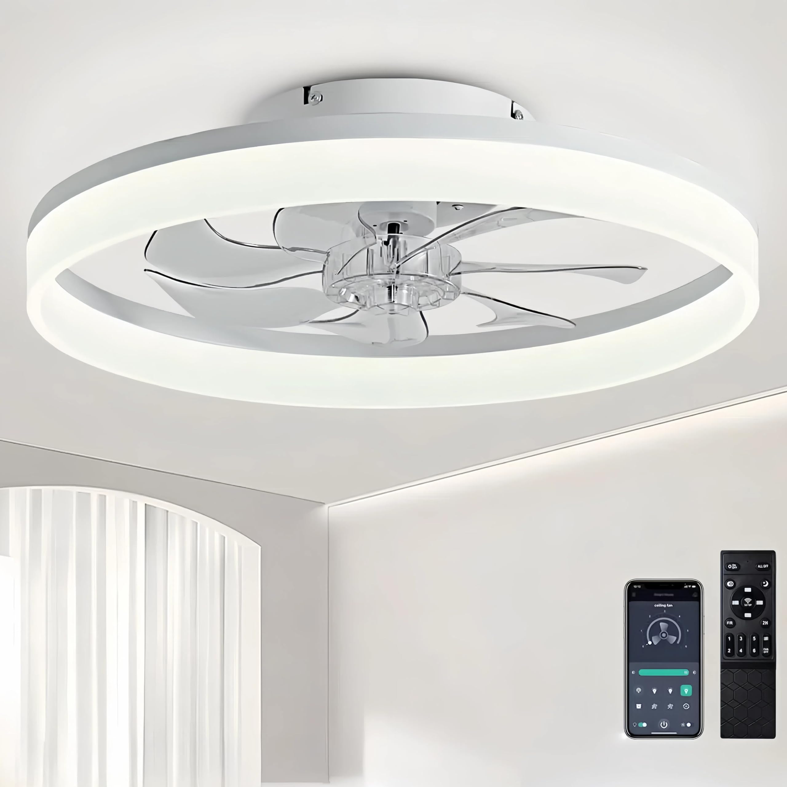 DWDVBL 50cm Deckenventilator Mit Beleuchtung 48W 220V Dimmbare Deckenleuchte Mit Fernbedienung Und APP 6 Geschwindigkeiten Lampe Mit Ventilator Timer Schlafzimmer Wohnzimmer Schwarz
