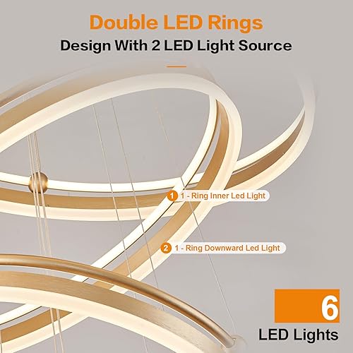 Miniatura 2 de D31.5 - Lámpara LED moderna con anillo dorado, luz colgante regulable con control remoto de 120 W, lámparas de techo para comedor, sala de estar,