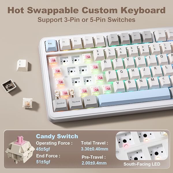 YUNZII B75 Pro Max QMK/Via Clavier Mecanique sans Fil, 75% Disposition avec Écran TFT et Molette, Gasket Hot Swap Switch Pré-lubrifiés, RGB, BT/Filaire/2,4G pour Win/Mac (Beige, Candy Switch) - 5