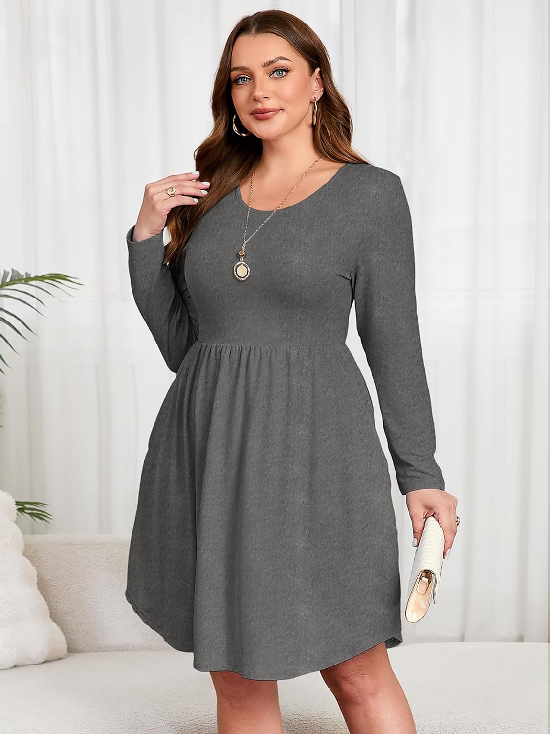AusLook Women's Plus Size Long Sleeve Midi Dress Casual Empire Waist Loose Flowy Dresses A-Line Boho Long Dress with Pockets - Image 3