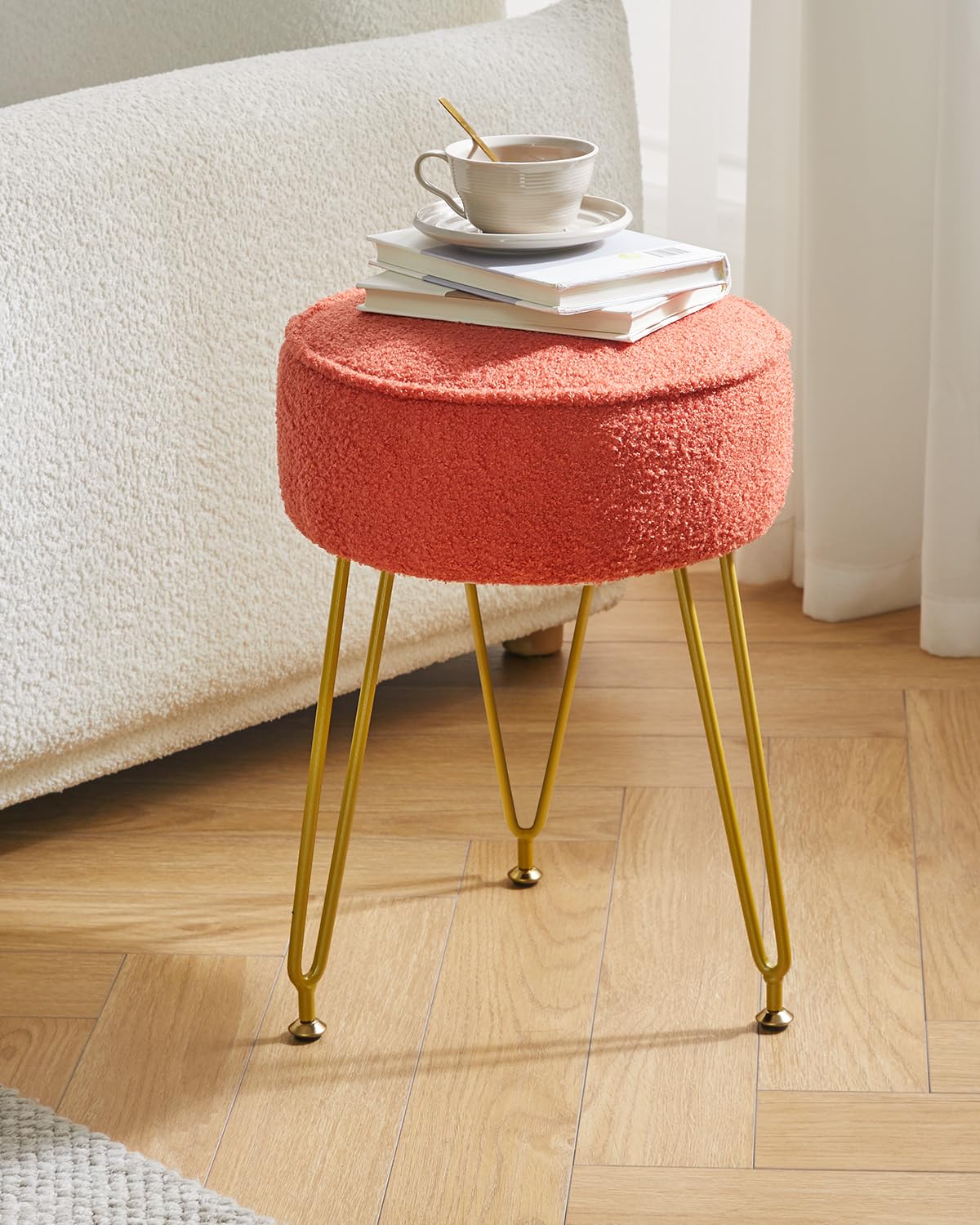 IBUYKE Poggiapiedi Rotondo in Velluto, Ottomano per Trucco Vanity, Soggiorno Camera da Letto, Arancione WBD009J