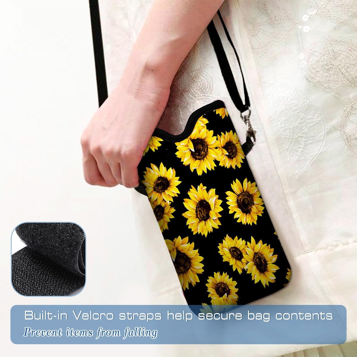 Universal Neoprene Cell Phone Pouch 7.1 X 4 in Mobile Protection Case Bag with Crossbody Strap/Neck Lanyard Sunflower Printed Pattern - Image 5