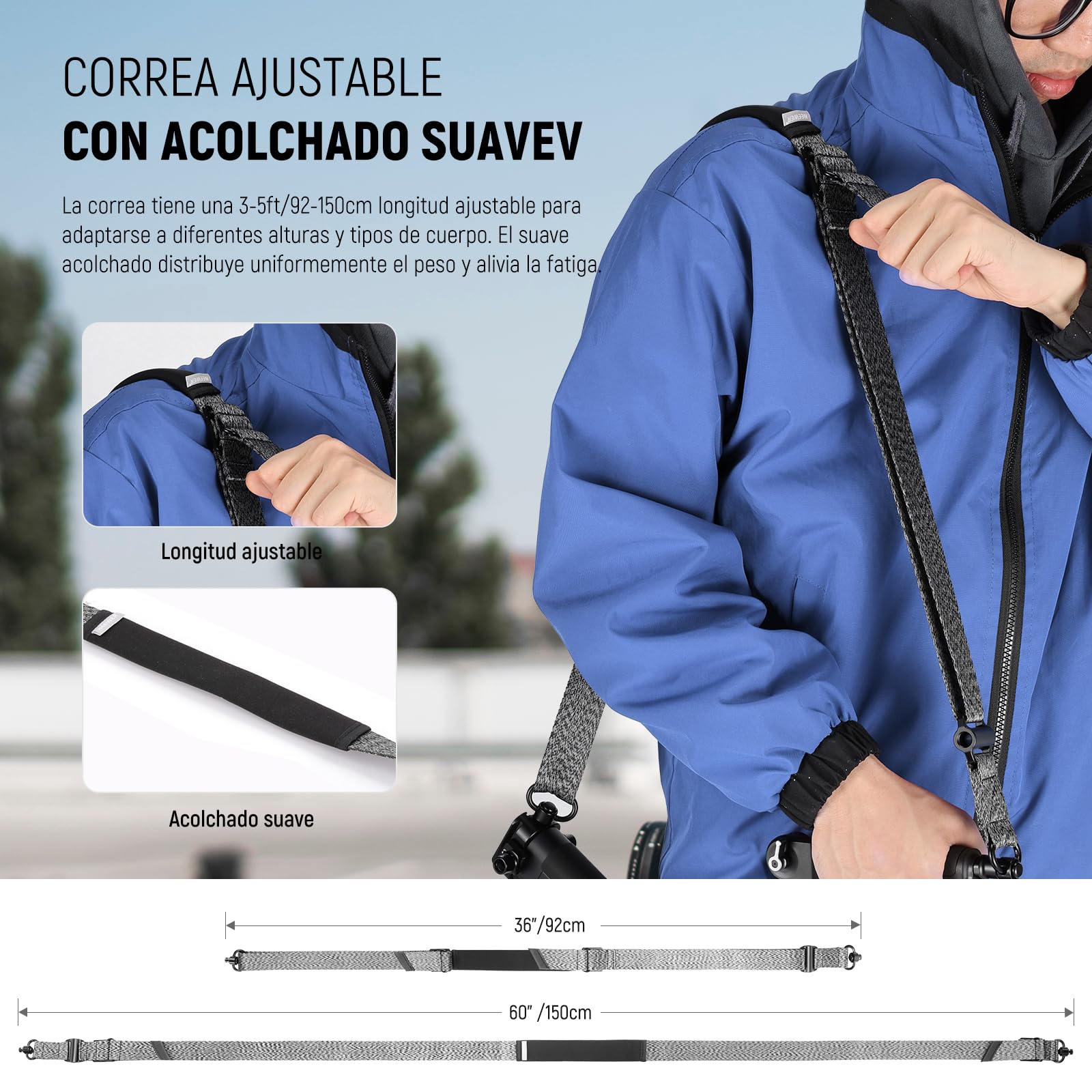 NEEWER Correa Hombro para Gimbals RS4 y RS3; Cinturón Acolchado Ajustable con Placa Base Liberación Rápida y Hebilla QD; Compatible con DJI RS4 RS4Pro RS3 RS3Pro RS2 Sling Handle, Gris, GA016
