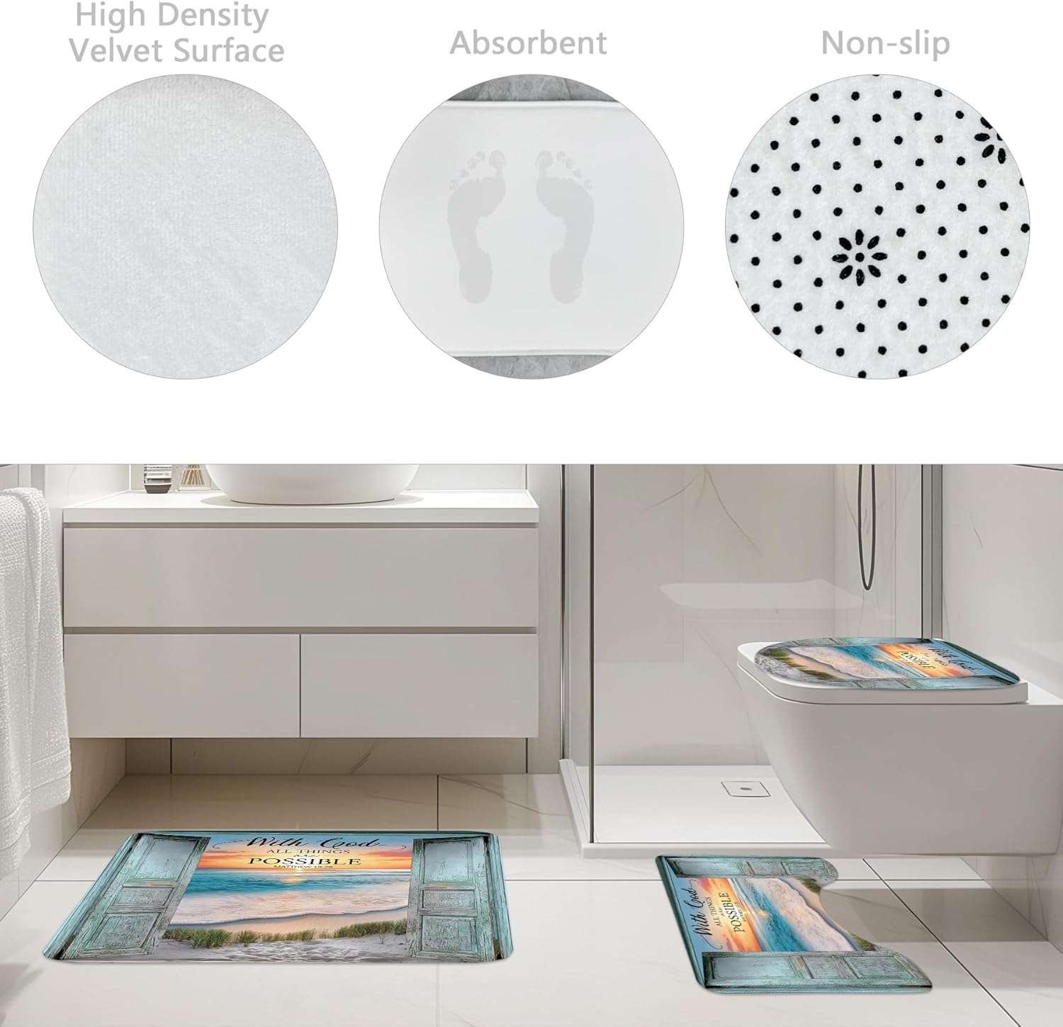 Riyidecor Barn Door Bible Verse 4Pcs Bathroom Shower Curtain Sets Christian Teal Beach Ocean Bathroom Decor Set with Rugs and Accessories Nautical Toilet Lid Rug, Contour and Bath Mat with 12 Hooks